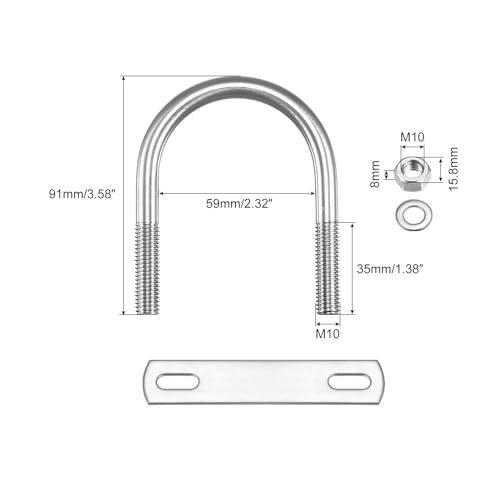 Image of uxcell Round U-Bolts, 2 Sets 59mm(2.32 inch) Inner Width 91mm Length M10 304 Stainless Steel U Clamp Bolt with Nuts Washers and Plates, for Boat Trailer