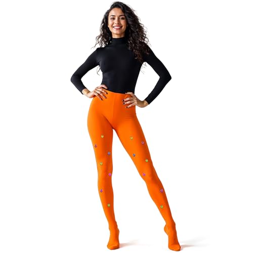 Image of Opaque Tights for Women - High-Waisted Colorful Orange Tights Adorned with Multicolored Ladybugs - Solid Footed Sheer Colored Tights One Pair (5'3''-5'11'' / under 132lbs), 6-8