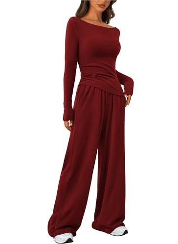 Women's Fall Two Piece Outfits Asymmetrical Long Sleeve T Shirt Wide Leg Pants Lounge Sets for Women Casual Tracksuit