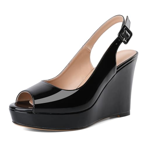 Eldof Women's Peep Toe Wedge Heels Slingback Platform High Pumps Party Dress Casual Sandals 4 Inches