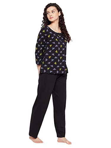 Image of Clovia Cotton Women's Fly Print Top & Solid Pajama Set