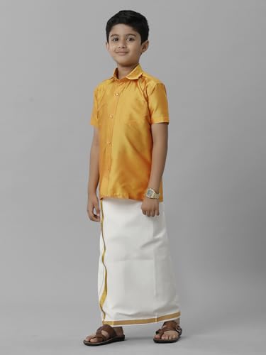 Image of RAMRAJ COTTON Boys Silk Cotton Shirt With Adjustable Cream Dhoti Perfect For Ceremonies| Festivals| And Special Occasions