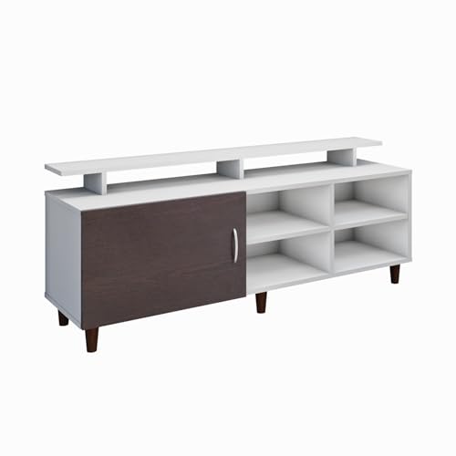 Image of VIKI Modern TV Unit for Living Room | Engineered Wood TV Cabinet with 1 Door Storage, 2 Open Shelves & Extension, Entertainment Unit, 140W x 48H x 40D cm | DIY | 1 Year Warranty (White & Walnut)