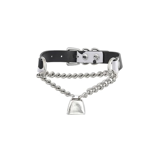 Handmade Cow Print Bell Collar Choker Necklace for Women, Adjustable Cow Print PU Leather Buckle Cuban Chain with Gold Bell Necklace, Gothic Cow Outfits Collar for Women