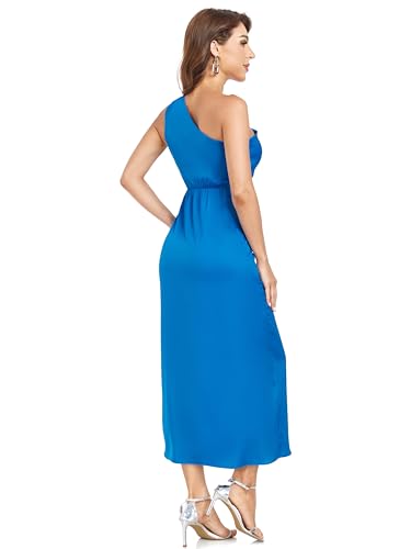 Image of Women's One Shoulder Satin Silk Backless Split Wrap Hem Twist Ruched Summer Party Cocktail Midi Dress