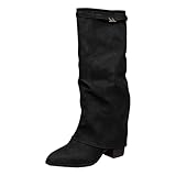 Xbemkste Botas de tacón medio para mujer Botas elegantes Botas sin cordones Dedo de punta media botas largas de gamuza Botas largas de invierno Botas altas para mujer Botas altas hasta la rodilla