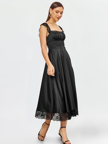Image of EYNMIN Lace Strap Chiffon Dresses for Women Casaul Flowy A Line Midi Tea Party Dress