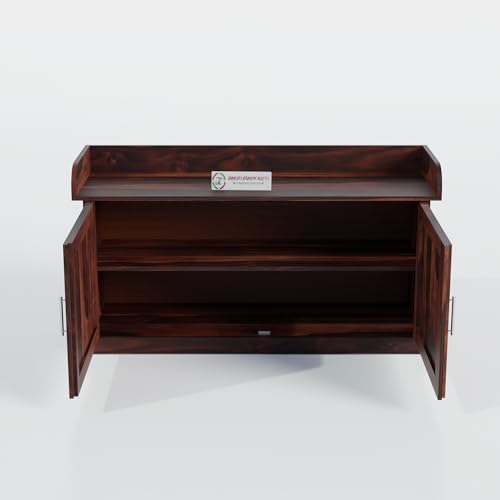 Image of Jangid Handicraft Solid Sheesham Wood Seating Bench for Balcony with Cushion | Outdoor Wooden Shoe Rack Organizer for Home & Office | 2 Shelf & Door Cabinet with Storage | Walnut Finish