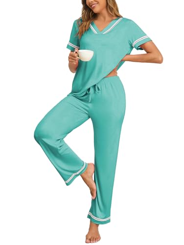 Pyjama femme col en V doux contre les irritations avec pantalon élastique large