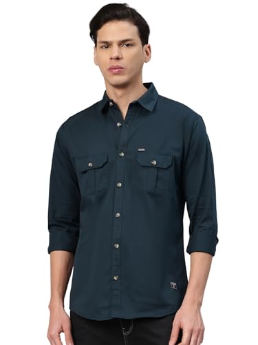 Image of Majestic Man Men's Washed Cotton Twill Casual Shirt -| with Dual Flap Pockets - Slim Fit | Full Sleeve | Casual Wear | Trendy & Comfortable