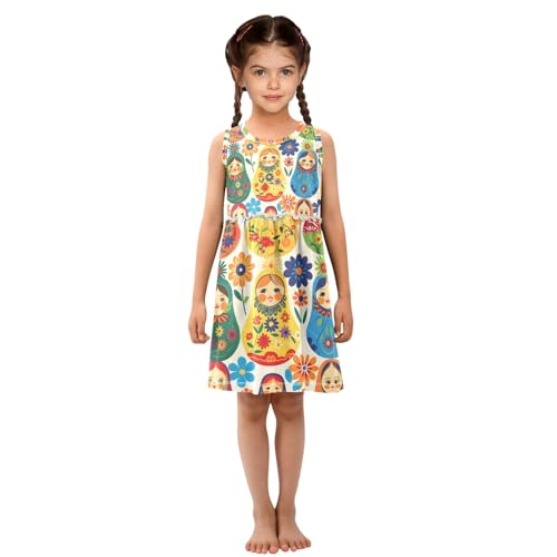 Girls Sleeveless Dress, Matryoshka Russian Traditional Wooden Doll Summer Dresses Loose Fit Casual Sundress4
