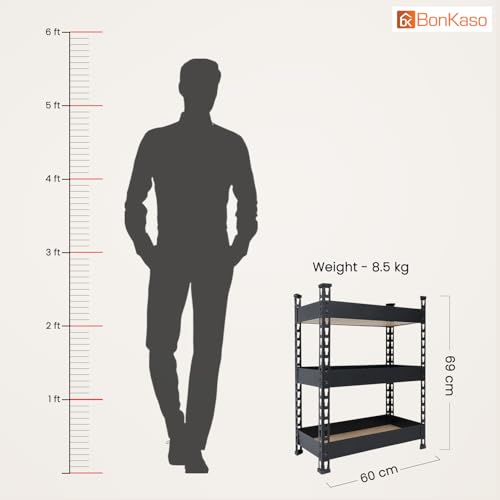 Image of Bonkaso 3 Tier Multipurpose Storage Rack for Kitchen & Bathroom | Countertop Organizer Basket Stand | Large Space-Saving Metal Storage Shelf for Home & Office | Black | 60x36x69 cm