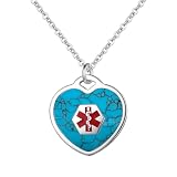 LinnaLove medical alert necklace for women customizable Pearl/Shell Heart Medical ID pendant with 24 in chain(Silver-turquoise)
