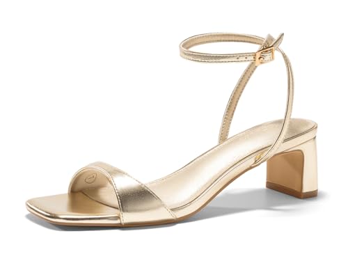 Coutgo Womens Chunky Low Heel Sandals Open Square Toe Ankle Strap Wedding Prom Dressy Shoes, Gold, Size 9