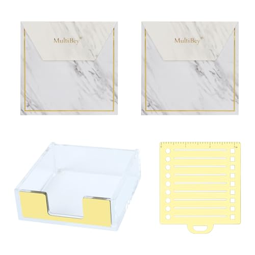 Multibey Clear Gold Memo Holder with Metal Stencil, 2 Pads Sticky Notes 3"x3", Acrylic Sticky Note Pad Holder Set Desk Supplies Organizer r for Office Home Schools