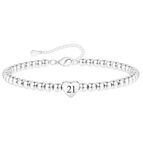 HeiiGirl 21th Birthday Gifts for Women, Hypoallergenic Adjustable Bead 925 Sterling Silver Heart Bracelet for Women, Presents for Mum Daughter Grandma Auntie Friends