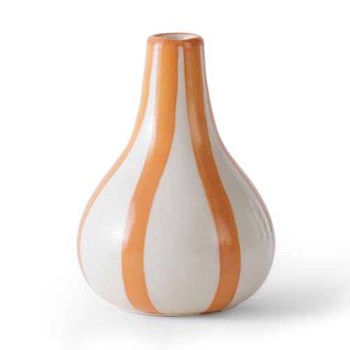 Image of PUREZENTO Yellow & White Striped 'Tulip Bud' Ceramic Vase 6 Inch (Pack of 1) | Unique Modern Bud Vase for Dried Flowers & Pampas Grass | Vases for Modern Home Decor, Living Room & Office Decor Ideas