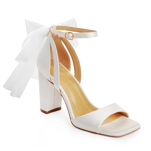 Bow Heels for Women Square Toe Chunky Heel Wedding Shoes