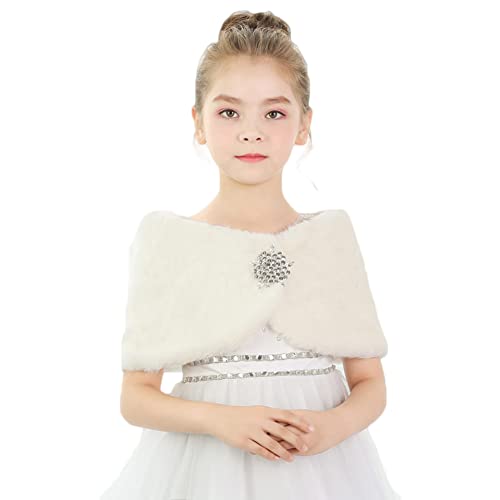 BXT Flower Girl Shawl Wrap, Kids Soft Ivory Faux Fur Princess Shoulder Cape for Wedding B-Ivory(140-150cm)