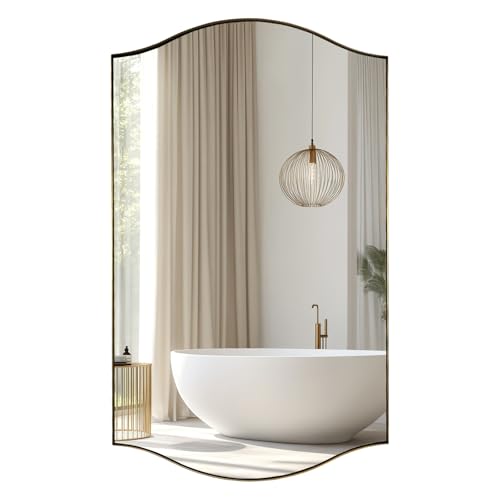 Image of ANDY STAR Rectangle Scalloped Mirror, 24 inchx40 inch Brushed Gold Bathroom Mirror in SUS304 Stainless Steel Metal Frame, Brass Vanity Mirror with Unique Arched Top Design