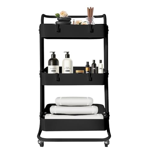 Nyana Carrito Almacenamiento Metálico Home | Carro Verdulero | Carrito para Baño | Carro de Servicio | 3 Alturas | Estructura Metálica | Colgadores Laterales | Medidas: 85x44x37cm (Negro)