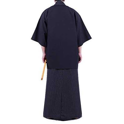 Men's Japanese Traditional Kimono Robe Wide Sleeve Spa House Bathrobe Yukata Sleepwear Nightgown with Obi Belt Set3