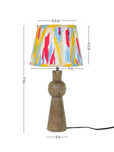 Image of Green Girgit Wooden Skirt Brown Table Lamp with Pleeted Multicolor Yellow Shade, Bedside Night Lamp with Printed Shade, Modern LED Lighting, E27 Bulb Compatible, Corded Electric, 6.5X9X18 inches