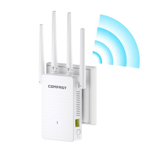 COMFAST Répéteur WiFi AC1200 Mbps, Amplificateur WiFi Puissant Double Bande avec 4 Antennes Haut Gain, Couverture 360°, Configuration WPS One-Touch, Port...
