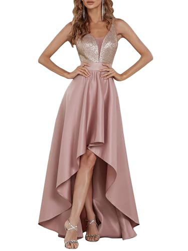 Ever-Pretty Women's V-Neck Prom Dresses A-line High-Low Evening Gowns Backless Sequin Formal Wedding Guest Dress Orchid US06