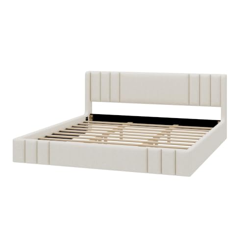 Image of Harper & Bright Designs King Size Low Platform Bed with Upholstered Headboard and Wooden Slats Support for Bedroom, Beige