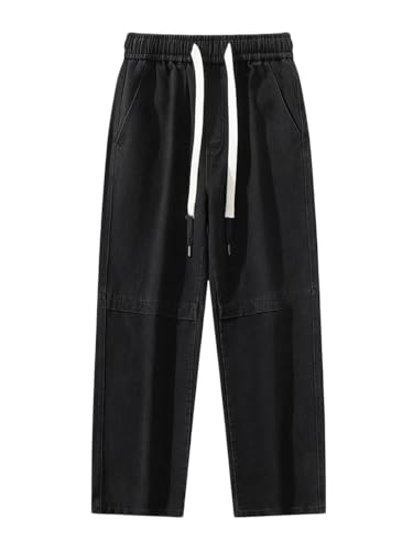 Men Vintage Washed Jeans Cotton Wide Leg Denim Pants Elastic Waist Casual Straight Trousers