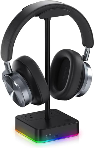 HURYEE Headphone Stand with USB Charger Desktop Gaming Headset Holder Hanger with 2 USB Charging Station and 2 Outlets Power Strip - Suitable for Gaming, DJ, RGB Wireless Earphone Display (Black) HURYEE Headphone Stand with USB Charger Desktop Gaming Headset Holder Hanger with 2 USB Charging Station and 2 Outlets Power Strip - Suitable for Gaming, DJ, RGB Wireless Earphone Display (Black)