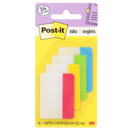 Post-it Sticky Tabs, 2 in. x 1.5 in., 4 Pads of Book Tabs in Assorted Primary Colors for Bookmarking, Annotating, Reading, and Reminders, Red, Green, Blue, and Yellow (24 Total Count) - image 1