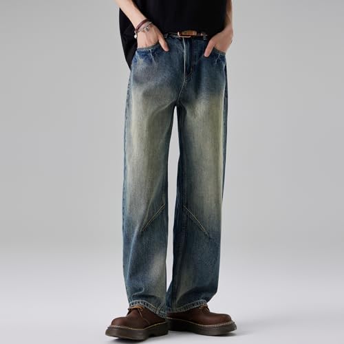 Light Colored Jeans for Men Elastic Waist Fashion Loose Straight Leg Pants Trendy Wide Leg Casual Long Pants2