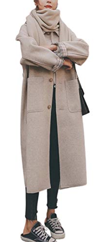 CHARTOU Women's Elegant Lapel Collar Single Breast Wool Blend Midi Long Peacoat Overcoat (Medium, Beige)