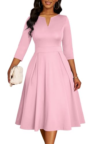 Image of Nmoder Women's A-Line Midi Dress 3 /4 Sleeve V-Neck with Pockets | Midi dress for work, church, flattering high-waist A-line back zipper for easy on /off, side pockets for convenience