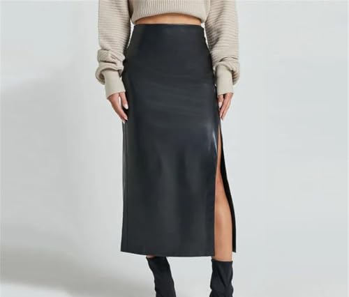 Women Faux Leather High Waist Midi Pencil Skirt with Split Front Business Office Work Slim Fit Skirt2
