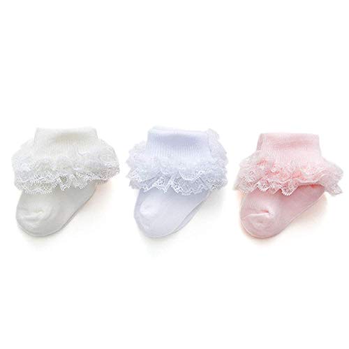 BOVINO KT Baby-Girls Eyelet Turn Cuff Ruffle Lace Socks Triple Lace Dressy Socks Newborn/Infants/Toddlers 3/5 Pairs