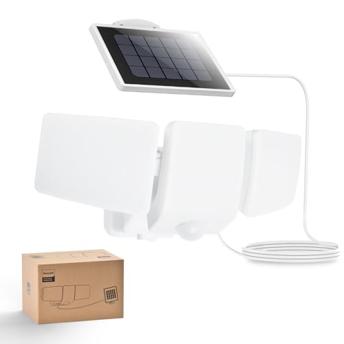 Philips lampe de Sécurité Solaires 3600LM, Étanches et Gradables à Détecteur de Mouvement LED pour Extérieur, 3 Têtes Orientables avec Câble de 5m,...