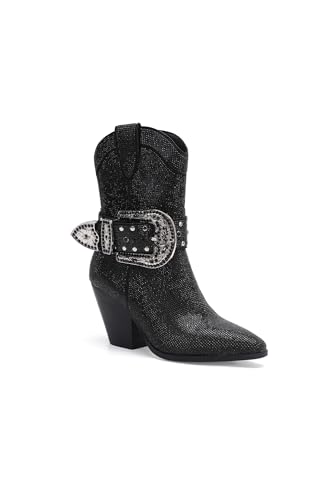 Women's Rhinestone Buckle Boots Ankle Boots Cowboy Boots Stacked Block Heel Boots Cowgirl Boots Pointed Toe Boots - Main Image