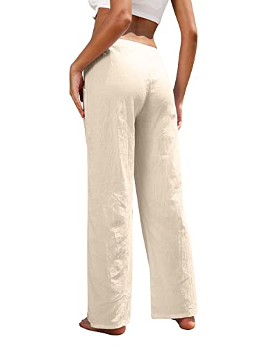 Women Linen Pants High Waisted Wide Leg Lounge Straight Summer Casual Loose Trousers with Pockets White3