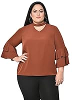 wild U Women Western Plus Size Stylish Casual Choker Neck Layered Sleeve Top (Brown, Size : 2XL)