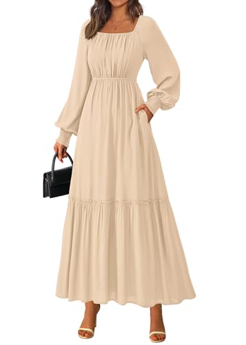 KIRUNDO Casual Fall Dresses for Women 2026 Flowy Long Sleeve Maxi Dress Smocked Empire Waist Square Neck Wedding Party(Beige, Medium)