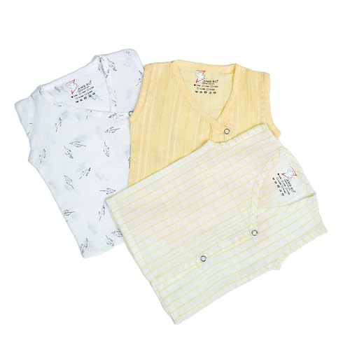 Image of Baby Jabla Set of 3 - Printed Sleeveless Cotton Vests for Newborns & Infants| Soft, Breathable Summer Wear for Boys & Girls (0-3,3-6 Months, Yellow,Stripes Print)