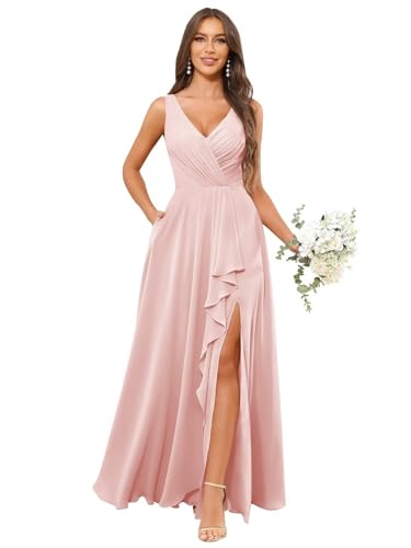 Image of HANVAIOS Long Chiffon V Neck Bridesmaid Dresses for Women Formal Dress with Pocket