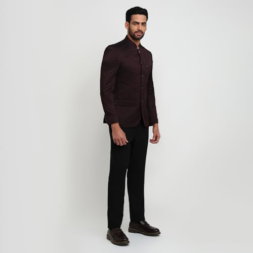 Image of Raymond Men Regular Fit Jacquard Pattern Pure Polyester Band Collar Full Sleeve Festive Suit