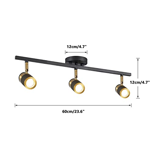 Image of 3-Light LED Track Lighting, Black and Gold GU10 Ceiling Spotlight | 350 rotatable heads direct focused light; 23.6-inch ceiling fixture for living rooms, hallways, kitchens, and studios