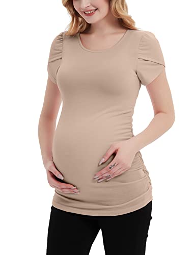 Debelly Maternity T-Shirts Petal Sleeve Round Neck Pregnancy Tunic Side Ruched Short Sleeve Maternity Casual Shirts,Brown,M #TOP3