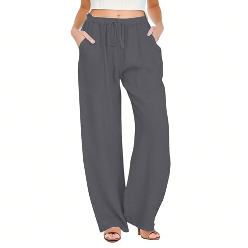Linen Pants Women Summer High Waisted Drawstring Wide Leg Palazzo Pants Casual Flowy Boho Beach Pants with Pockets3