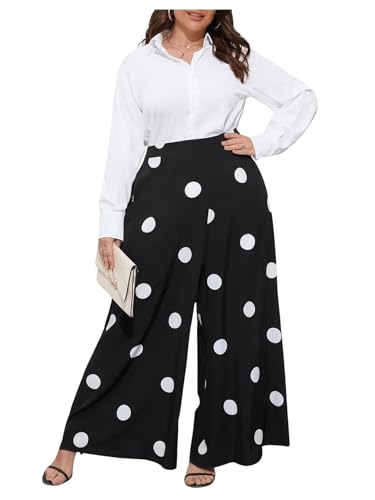 OYOANGLE Women's Plus Size Polka Dots Casual Wide Leg Palazzo Pants High Waist Long Pants Trousers4
